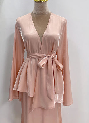 Ramadan Satin Abaya Dubai Turkey Islam Muslim Modest Dress Sets Prayer Clothes For Women Kaftan Robe Femme Musulmane