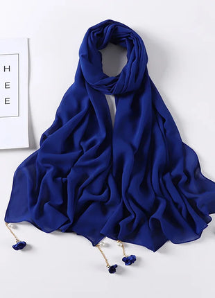 Fashion Flowers Pearl Tassel Chiffon Long Scarf Hijabs Elegant Womens Party Turban Headwear Solid Color Headscarf Shawls Scarves