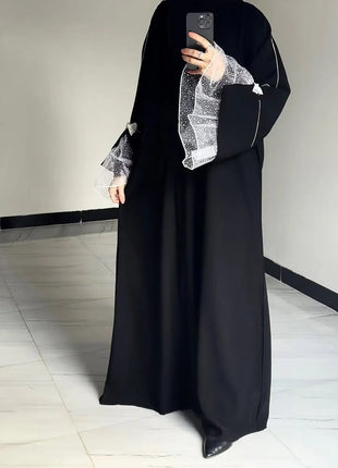 Summer Black Abaya for Muslim Women Elegant Dubai Modest Dress with Lace Sleeves Islamic Vacation Outfit 2025 Turkey Kaftan Robe