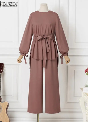ZANZEA Muslim Women Matching Sets Long Sleeve Solid Color Tops And Loose Pant Suits Elegant Fashion Casual Tracksuit Kaftan 2025