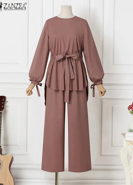 ZANZEA Muslim Women Matching Sets Long Sleeve Solid Color Tops And Loose Pant Suits Elegant Fashion Casual Tracksuit Kaftan 2025