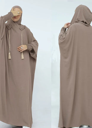 Women Tassel Abayas Muslim Ramadan Prayer Clothing With Hooded Jalaba Solid Casual Batwing Sleeve Arab Oriental Robe Eid Djellab