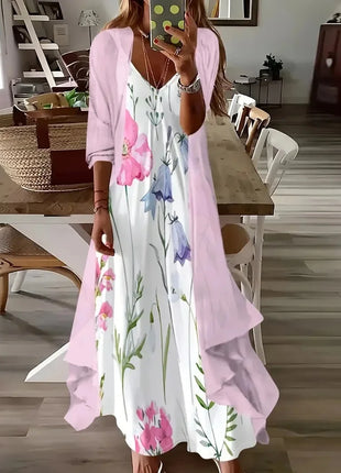 Independent Stand Floral Print Women's Dress Two-Piece Set Short Sleeve Ankle-Length Polyester Fiber Regular Waist Line