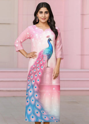 Muslim Peacock Women Kurt Casual Dress Long Sleeve Straight Casual Ethnic Flower Mandarin 3D Design Suitable Ladies Abaya Muslim