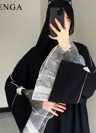 Summer Black Abaya for Muslim Women Elegant Dubai Modest Dress with Lace Sleeves Islamic Vacation Outfit 2025 Turkey Kaftan Robe