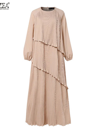 ZANZEA Patchwork Lantern Sleeve Abaya Robes Women Plisse Layered Elegant Maxi Dress Muslim Fashion Islamic Hijab Pleated Dress