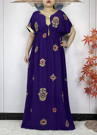 New African Abaya Women Elegant Dress Collect Waist Straight Cotton Embroider Dress Loose Caftan Femme Clothing Islamic Dresses