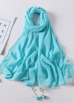 Fashion Flowers Pearl Tassel Chiffon Long Scarf Hijabs Elegant Womens Party Turban Headwear Solid Color Headscarf Shawls Scarves