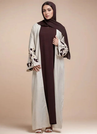 Apricot Color Muslim Abaya Boasting Exquisite Floral Cuff Embroidery Blending Timeless Elegance and Fashion for Ramadan Islamic