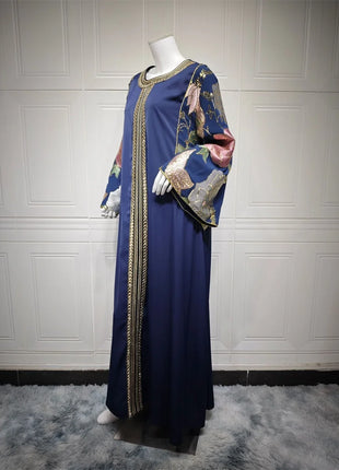 Siskakia Ramadan Muslim Women's Gold Stamping Petal Sleeve Abaya O-Neck Stripe Dubai Dresses For Women Gala