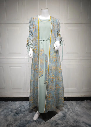Charming Light Blue Two Piece Abaya Set Gold Patterned Outer Robe Belted Mint Inner Dress for Islamic Ramadan in the MIddle East