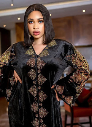 Velvet African Dresses for Women Evening Party Dress Dashiki Africa Clothing Long Robe Dubai Moroccan Flare Sleeve Nigeria Gown
