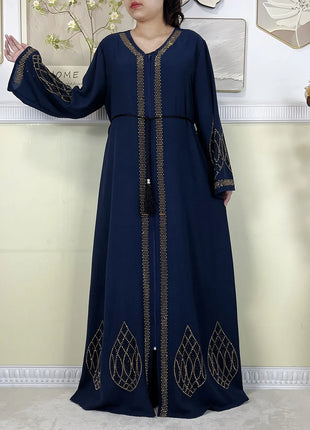 New Dubai Women Elegant Dress Diamonds Chiffon Open Abaya with Zipper Islamic Turkey Clothing Women Muslim Party Evening Dress