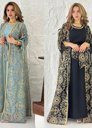 Eid Muslim Abayas for Women Party 2 Piece Set Embroidery Cardigan Robe Lace Up Dress Morocco Kaftan Islam Ramadan Dubai Vestidos