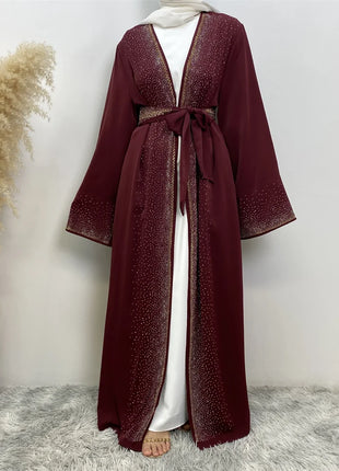 Hot Selling Ramadan Rhinestone Cardigan Islamic Dresses With Pockets Kebaya Muslim Kimono Abaya Dubai Modest Clothing Women EID