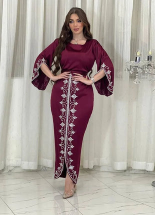 Elegant Satin Evening Gown Muslim Dress Women Abaya Long Sleeve Turkish Dresses Stylish Diamond Women Maxi Dress Dubai Kaftan