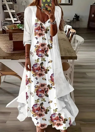 Independent Stand Floral Print Women's Dress Two-Piece Set Short Sleeve Ankle-Length Polyester Fiber Regular Waist Line