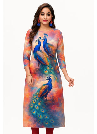 Muslim Women's Kurt Fashionable And Elegant Long Sleeved Straight Tube Casual Kurtta Peacock Pattern Kaftan Marroqui Slit hem