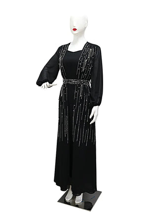 Women Long Loose Maxi Dress Muslim Dubai Women's Clothing Hot Diamond Belt Robe Dinner Dress