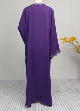 Dubai Elegant  Purple Abaya for Muslim Women - Intricately Crafted with Multicolored Embroidery Piece in Islamic Modest Fashion