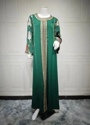 Ramadan Muslim Women's Gold Stamping Petal Sleeve Abaya O-Neck Stripe Dubai Dresses For Women Gala