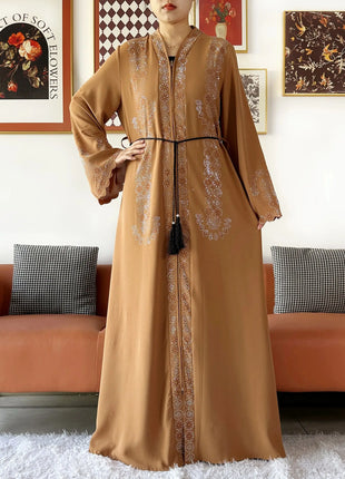 2025 Women Elegant Party Dress Chiffon Open Zipper Loose Abaya Muslim Women Dress Islamic Clothing Cardigan Abaya Muslim Dress