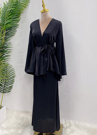 Ramadan Satin Abaya Dubai Turkey Islam Muslim Modest Dress Sets Prayer Clothes For Women Kaftan Robe Femme Musulmane