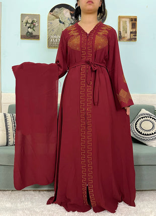 Muslim Chiffon Abayas For Women 2024 Dubai Islam Loose Fit  Femme Robe Long Sleeved Diamond Studded Solid Color With Belt Turban
