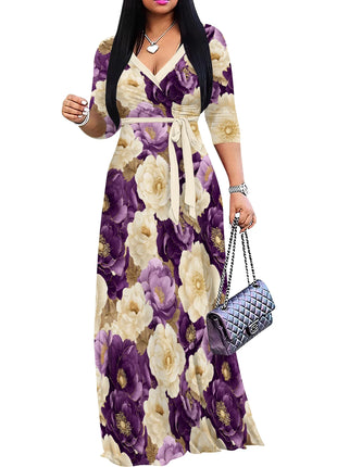 Floral V-Neck Wrap Dress - Tie Waist Flowy Midi Dress, Boho Summer Dress for Women