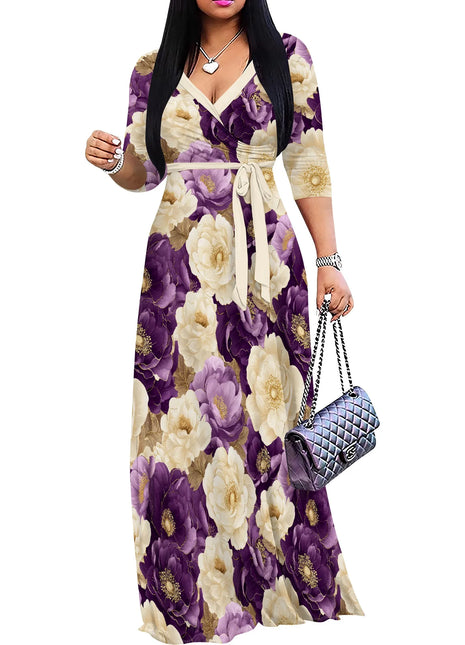 Floral V-Neck Wrap Dress - Tie Waist Flowy Midi Dress, Boho Summer Dress for Women