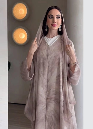Eid Abaya for Women Print Cardigan Scarf Set Muslim Dresses Ramadan Morocco Dubai Jalabiya Kaftan Vestidos Arab Long Robe 2025