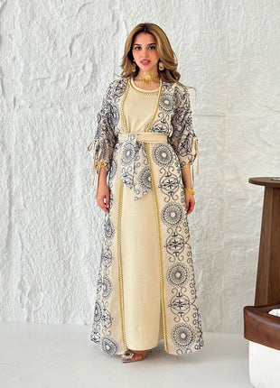 Charming Light Blue Two Piece Abaya Set Gold Patterned Outer Robe Belted Mint Inner Dress for Islamic Ramadan in the MIddle East