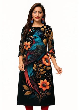 Muslim Kurt Women's Fashion Comfortable Dress Long Sleeve Straight Tube Casual Ethnic Peacock Regular Size New Dress Slit hem