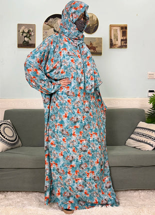 Muslim Cotton Abayas For Women Traditional Floral Ramadan Prayer Garment African Caftan Marocain Femme Robe Connected Headscarf