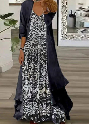 Independent Stand Floral Print Women's Dress Two-Piece Set Short Sleeve Ankle-Length Polyester Fiber Regular Waist Line