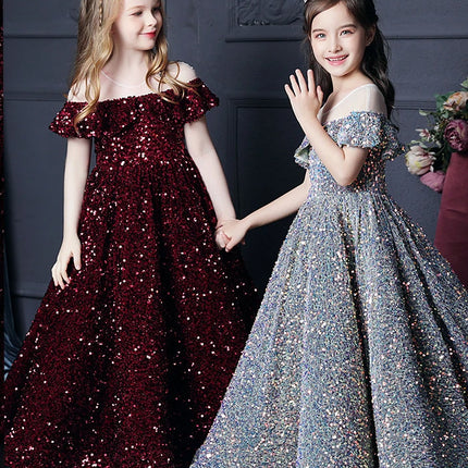Girl's Western Style Evening Dress Flower Girl Sequined Catwalk Host Piano Performance Princess Dress