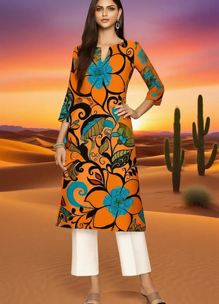 Dress Kurtta Women's Fashionable Straight Tube Casual Bright Flowers Patterns Robe Arabe Robe Traditionnelle Arabe Muslim