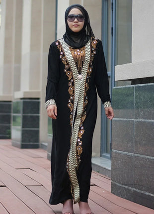 Dubai Arab Islam Abaya Women Muslim Long Dress Sequin Beading Kaftan Robes Elegant Splice Maxi Dresses Islamic Clothing Caftan