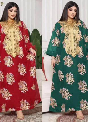 Ramadan Luxury Muslim Fashion Bat Sleeve Moroccan Turkiye Dubai Dress Middle East Arab Dress Sequins Golden Velvet Long Dress