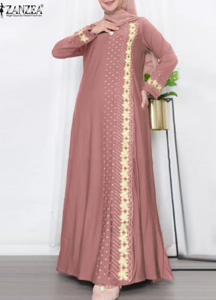ZANZEA IsIamic Long Vestidos Robe Muslim Hijab Dresses Long Sleeve Maxi Sundress Abayas For Women Elegant Floral Printed Dress