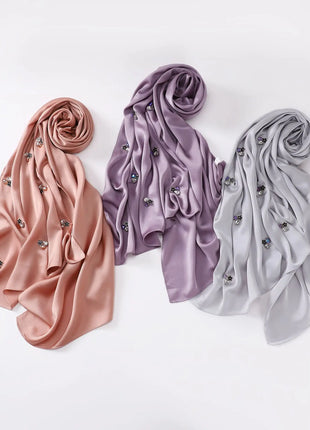 New Bubble Chiffon Hijab Scarf Handmade Flower Beaded Anchor Satin Silk Scarf  Hijabs for Women Turban Femme Ramadan Islamic