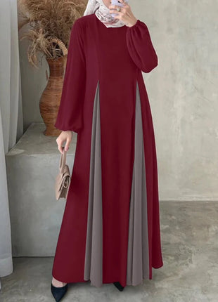 ZANZEA Women Color Block Patchwork Maxi Dress Fake Two-Piece Islamic O Neck Muslim Long Dresses Long Sleeve 2024 Fall Abaya Robe
