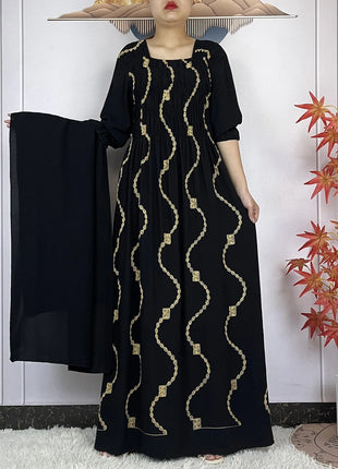 New African Abaya Women Elegant Dress Collect Waist Straight Cotton Embroider Dress Loose Caftan Femme Clothing Islamic Dresses