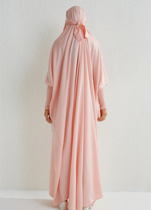 Muslim Abaya Hooded Smocking Sleeve One-piece Prayer Dress Women Jilbab Islamic Clothing Dubai Saudi Black Robe Turkish Modesty