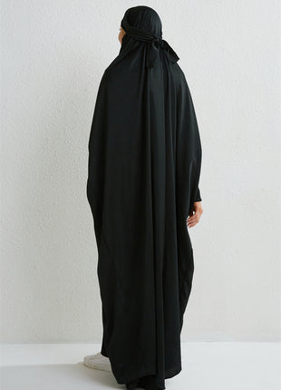 Muslim Abaya Hooded Smocking Sleeve One-piece Prayer Dress Women Jilbab Islamic Clothing Dubai Saudi Black Robe Turkish Modesty