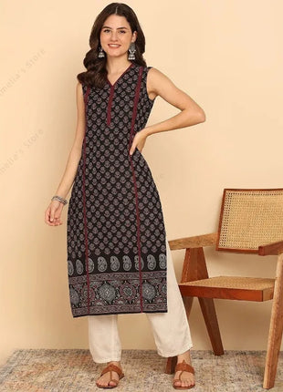 Indian Ethnic Style Women's Black Green Cotton Kurta Tunic Top Sleeveless Paisley Print Summer Wear Casual Kurti Dress