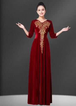 Ladies Golden Velvet Choral Performance Costumes Women Performance Costume Long Dresses Autumn Female Large Size 6XL Maxi Dress