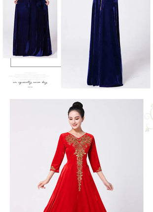 Ladies Golden Velvet Choral Performance Costumes Women Performance Costume Long Dresses Autumn Female Large Size 6XL Maxi Dress