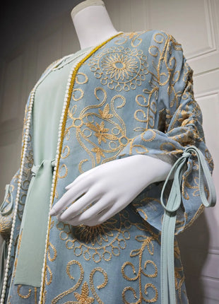 Charming Light Blue Two Piece Abaya Set Gold Patterned Outer Robe Belted Mint Inner Dress for Islamic Ramadan in the MIddle East