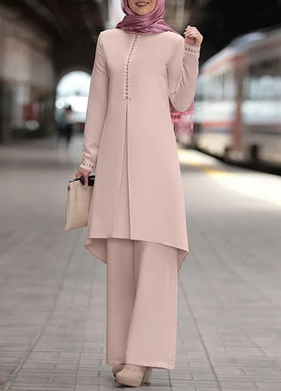 Ramadan Two Piece Sets Shirt &Pants Women Muslim Suits Shirt Blouse Musulman Ensembles Moroccan Kaftan Islamic Dress Sets